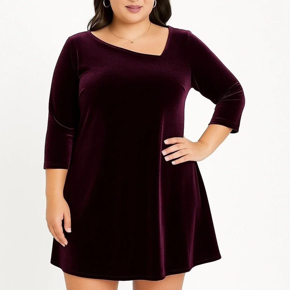 K.C. Spencer Velvet Dress Size 14P Purple 90s Asymmetrical Neckline Womens‎ M/L